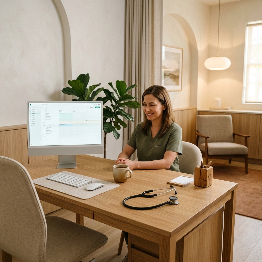 A clinic operator working at a computer in a calm consultation room